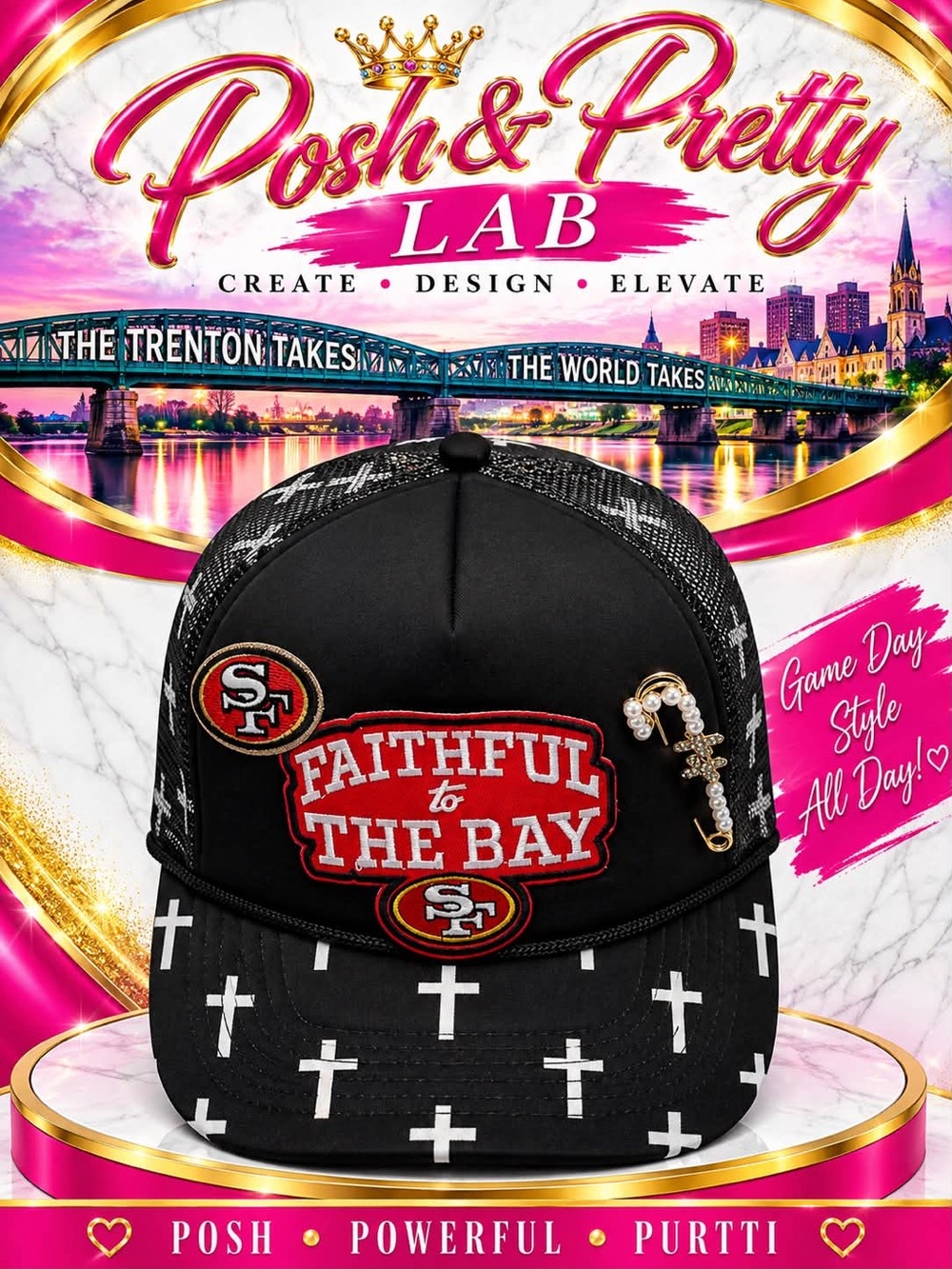 San Francisco Faithful to the Bay custom trucker hat small brim - Black & Red